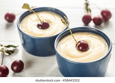 Custard with cherries