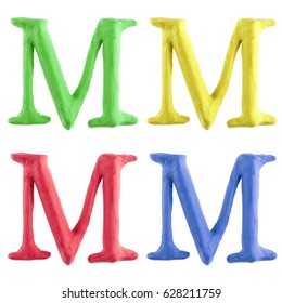 A custom capital letter M hand made out of plasticine in four different colors. This unique character is isolated on a white background.