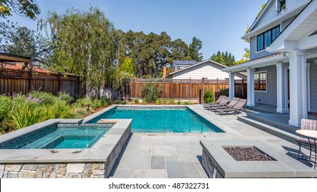 Custom Home Build, Menlo Park, California, Pool, Patio, Grass, Back Yard, Hot tub 