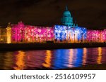 The Custom House in Dublin 1 glows beautifully during the Christmas season, with festive lights illuminating its grand neoclassical facade. 