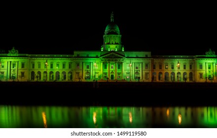 The Custom House In Dublin, Ireland, Custom House On The River Liffey In Dublin City At Night.