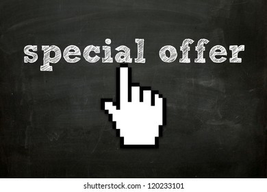 custom made hand cursor clicking "special offer" text on blackboard - Shutterstock ID 120233101