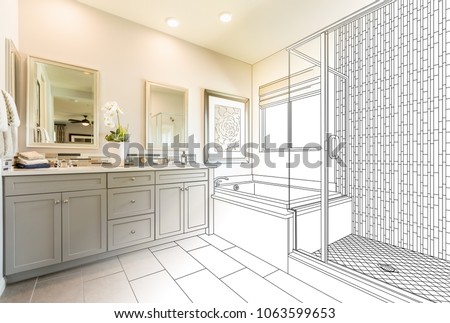Custom Master Bathroom Design Drawing Gradating to Finished Photo. Foto stock © 