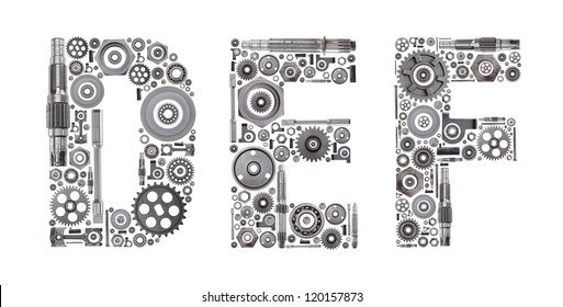 Custom Metal Block Letters Made Out Of Nuts, Bolts, Gears And Other Car Parts.