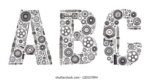 Custom Metal Block Letters Made Out Of Nuts, Bolts, Gears And Other Car Parts.