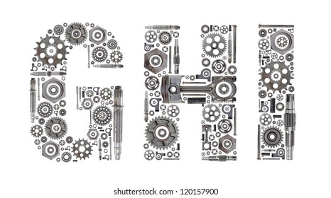 Custom Metal Block Letters Made Out Of Nuts, Bolts, Gears And Other Car Parts.