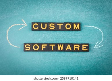 CUSTOM SOFTWARE. Text with Arrows and Chalk on Green Chalkboard.