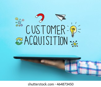 Customer Acquisition Concept With A Tablet On Blue Background