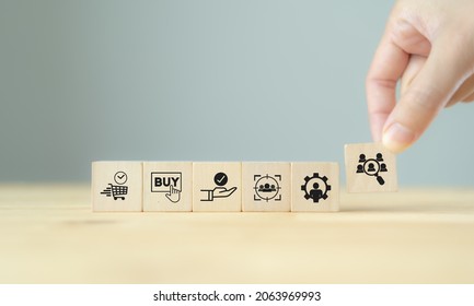Customer behavior analysis. Marketing concept. Consumer buying decision. Hand put wooden cubes with customer analysis symbols standing with consumer behaviors icon; when, how they buy and expectation. - Shutterstock ID 2063969993