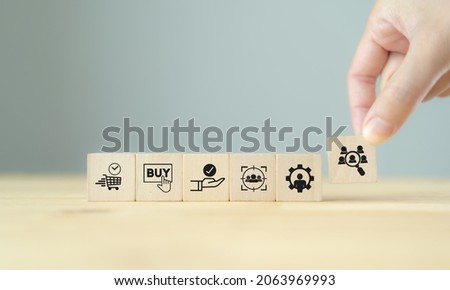 Customer behavior analysis. Marketing concept. Consumer buying decision. Hand put wooden cubes with customer analysis symbols standing with consumer behaviors icon; when, how they buy and expectation.
