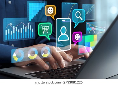Customer behavior analysis and user data analytics. Digital marketing strategy and data visualization. Business analyst using laptop computer to analyze purchase behavior.