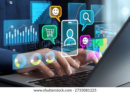Customer behavior analysis and user data analytics. Digital marketing strategy and data visualization. Business analyst using laptop computer to analyze purchase behavior.