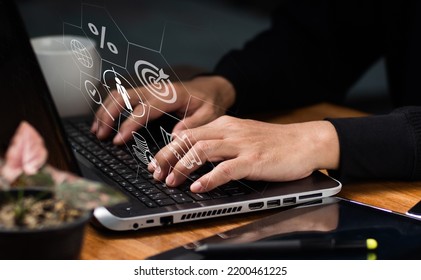Customer behavior idea, buyer persona, and target customer Marketing strategies and plans Marketing personalization, customer-centric tactics Working on a computer to analyze prospective customers. - Shutterstock ID 2200461225