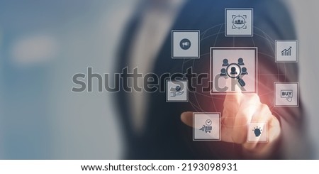 Customer behavior and journey exploratory and analysis. Customer research. Touching on screen with icons of customer analysis; when, how they buy, why and expectation for marketing plan, strategies.
