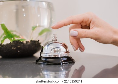 The Customer Calls A Desk Call At The Hotel Reception. Close Up