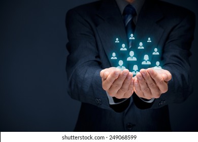 Customer Care, Care For Employees, Human Resources, Life Insurance, Sales Force And Marketing Segmentation Concepts. Businessman Or Personnel And Icons Representing Group Of People.