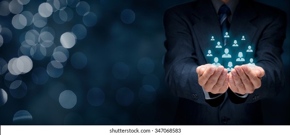 Customer Care, Care For Employees, Human Resources, Life Insurance, Employment Agency And Marketing Segmentation Concepts. Wide Banner Composition With Bokeh Background.
