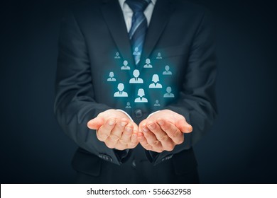 Customer Care, Care For Employees, Human Resources, Employment Agency And Marketing Segmentation Concepts. Leader Manage His Team. Central Composition.