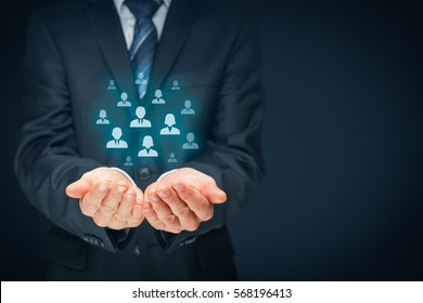 Customer care, care for employees, human resources, employment agency and marketing segmentation concepts. Leader manage his team. Left composition.