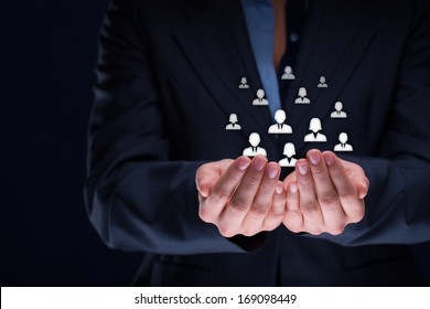 Customer care, care for employees, labor union, CRM, and life insurance concepts. Protecting gesture of businesswoman or personnel with icons representing group of people.