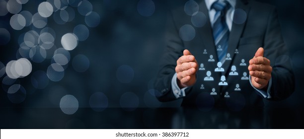 Customer care, care for employees, life insurance, customer relationship management (CRM) and human resources concepts. Protective gesture of businessman or personnel and icons representing people.