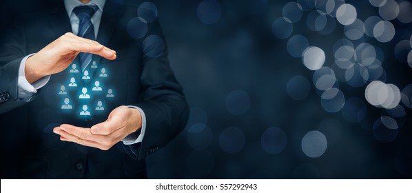 Customer Care, Insurance, Care For Employees, Human Resources, Employment Agency And Marketing Segmentation Concepts. Leader Manage His Team. Left Wide Banner Composition With Bokeh In Background.