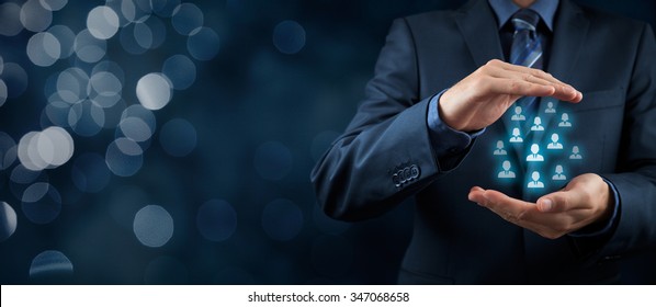 Customer care management, care for employees, life insurance and marketing segmentation concepts. Protecting gesture of businessman or personnel. Wide banner composition with bokeh background.
