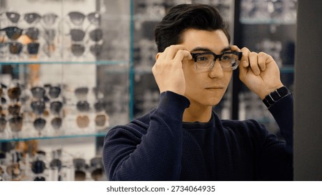 Customer checking his reflection with new glasses