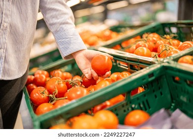 Customer choosing tomatoes in the supermarket.  Woman hand holding tomatoes in the market. Healthy lifestyle concept. Grocery shopping. - Powered by Shutterstock