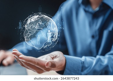 Customer data analytics. Behavior data analytics. Crm. Customer Behavior. A man is holding a globe in his hand, with people on it.