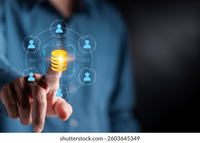 Customer data platform (CDP) concept. Centralized customer data. Businessman touching real time marketing insights.