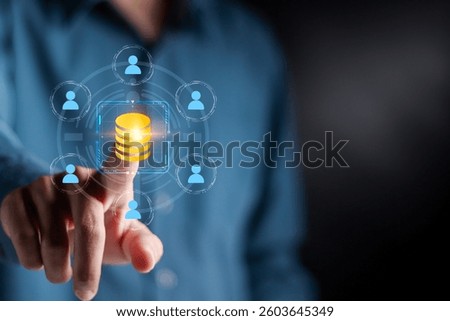 Customer data platform (CDP) concept. Centralized customer data. Businessman touching real time marketing insights.