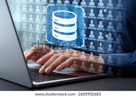 Customer database and information management system CMS. Client data collection and accessing list. Businessman typing on laptop computer keyboard at desk in office.