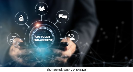 Customer Engagement Concept. Technology, Internet, Business And Marketing. Marketing Campaign And Communication To Target Customer. Showing Customer Engagement Online And Offline Channel On Digital.