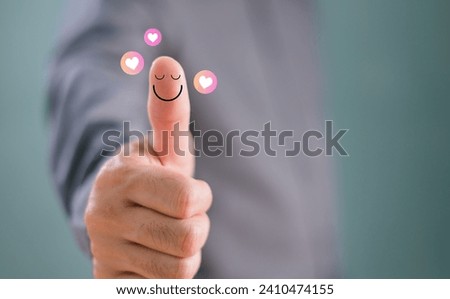 Customer experience compliment concept. Thumb up happy smile face, good feedback rating positive customer review, mine satisfaction survey, mental health assessment, feeling good mental health day 