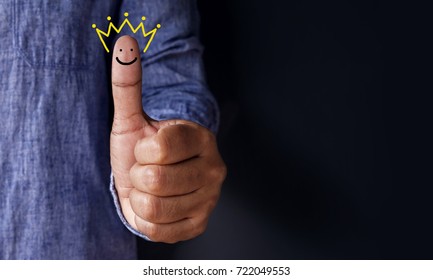 Customer Experience Concept, Best Excellent Services Rating For Satisfaction Present By Thumb Of Client With Crown And Smiley Face Icon
