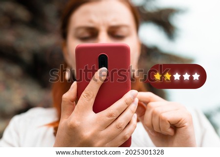 Customer Experience Concept. Excellent. Person using mobile phone with icon two star symbol to increase rating of company