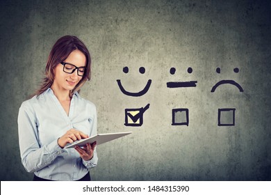 Customer Experience Concept. Happy Business Woman Giving Excellent Rating For Online Satisfaction Survey