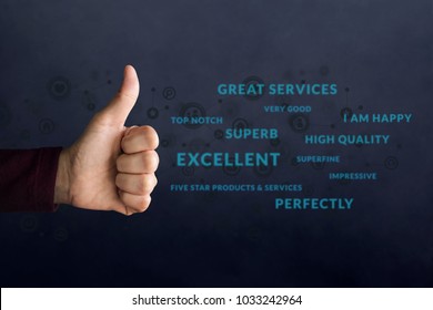 Customer Experience Concept. Happy Client Show Thumb Up In Meaning 