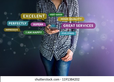 Customer Experience Concept. Happy Client Using Smart Phone To Reading Positive Review Or Feedback Her Satisfaction Online Survey, Surrounded By Speech Bubble And Social Network Icons