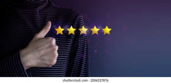 Customer Experience Concept. Happy Client Giving Excellent Services Rating for Satisfaction by Thumb Up. Symbol of Best Experiences in Products and Services 