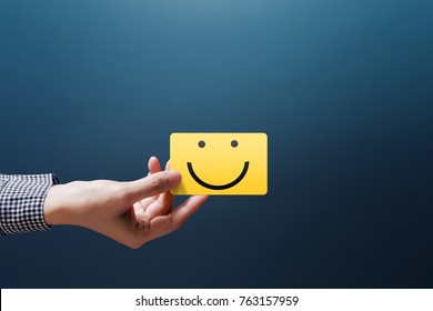 Customer Experience Concept, Happy Client Woman Show A Feedback With Happy Smiley Face Card