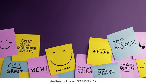 Customer Experience Concept. Happy Clients stick Many Sticky Notes with Positive Review on Board. Feedback for Satisfaction Surveys.