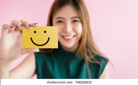 Customer Experience Concept, Happy Woman Show Excellent Rating With Smiley Face Icon For Her Satisfaction On Card 