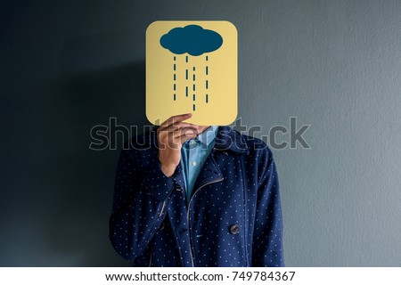 Customer Experience Concept, Portrait of Client with Sadness Feeling, Drawn Cloudy and Rain on Paper, Poor or Dissappointed in Products and Services