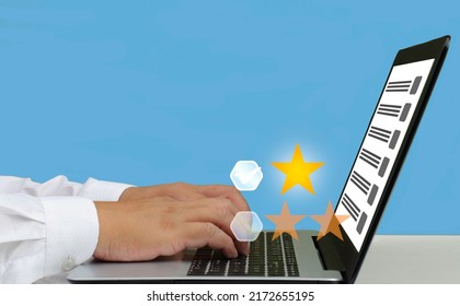 Customer Experience Dissatisfied Concept, Close Up Man Hand Using Computer Notebook With Popup 1 Star Icon For Feedback Review Satisfaction Service, Customer Service Experience Social Media Not Good.