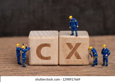 Customer Experience In Product And Service Concept, Miniature People Workers With Blue Team Uniform Building Cube Wooden Block With Acronym CX On Table With Blackboard, User Review Or Feedback.