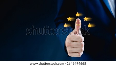 Customer Experience and Satisfaction Concept, Client is Hand Giving Thumbs Up with Smiley Face Icon and Five-Star Rating Symbolizing Positive Feedback and Service Quality.