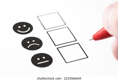 Customer Experience Survey, Employee Feedback Questionnaire Or Business Poll Concept. Happy Smile, Neutral And Sad Frown Faces On Paper. Multiple Choice Research Form With Check Box In Psychology.