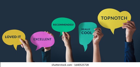 Customer Experiences Concept. Group of Happy People Raised up Hand to Giving a Positive Review on Speech Bubble Card. Client's Satisfaction Surveys. Front View